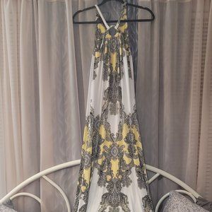 Hi Lo Paisley White/Yellow and BlackHalter Dress with small metal embellishments